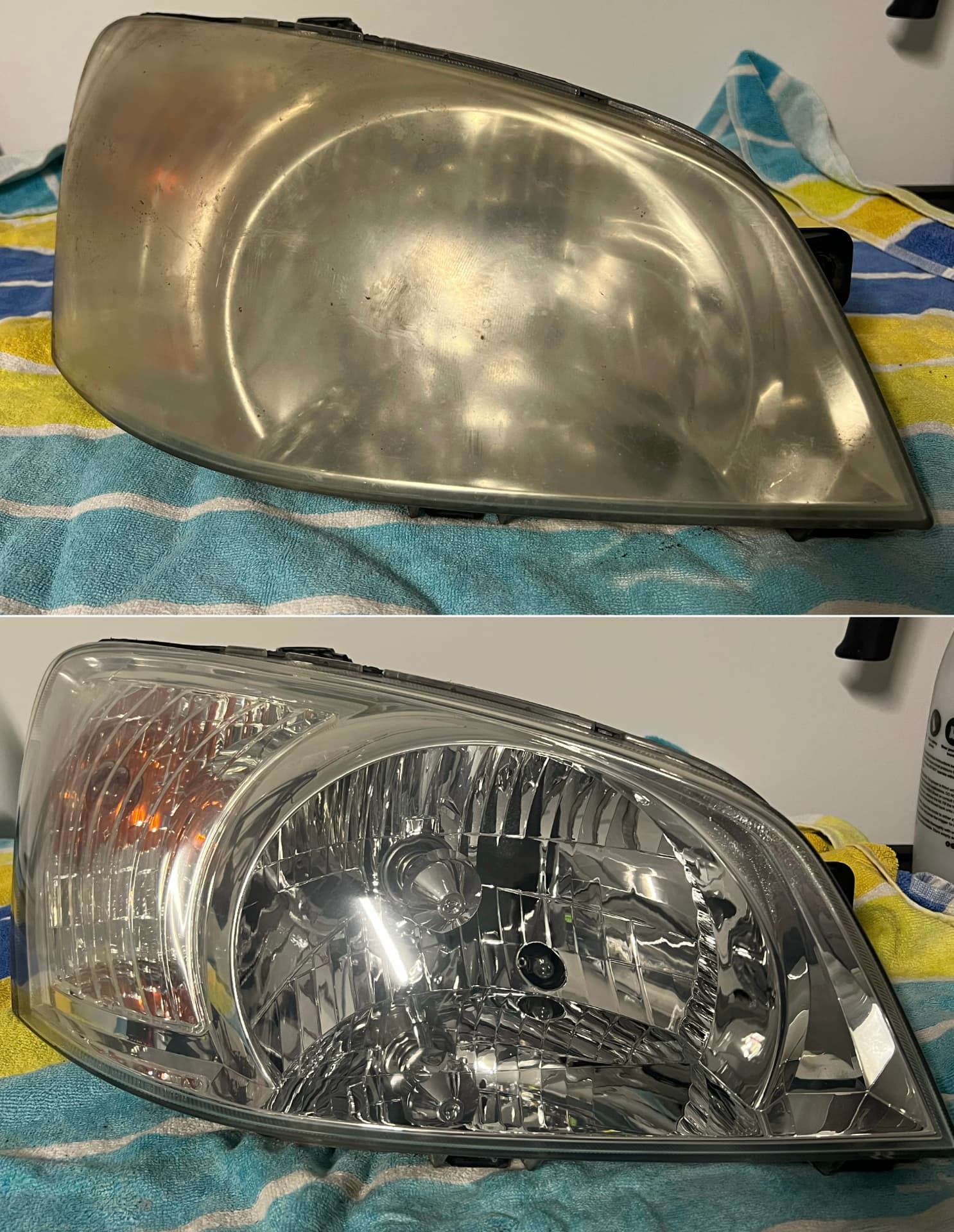 Yellowed headlight unit shown dull and oxidised above, and polished clear below