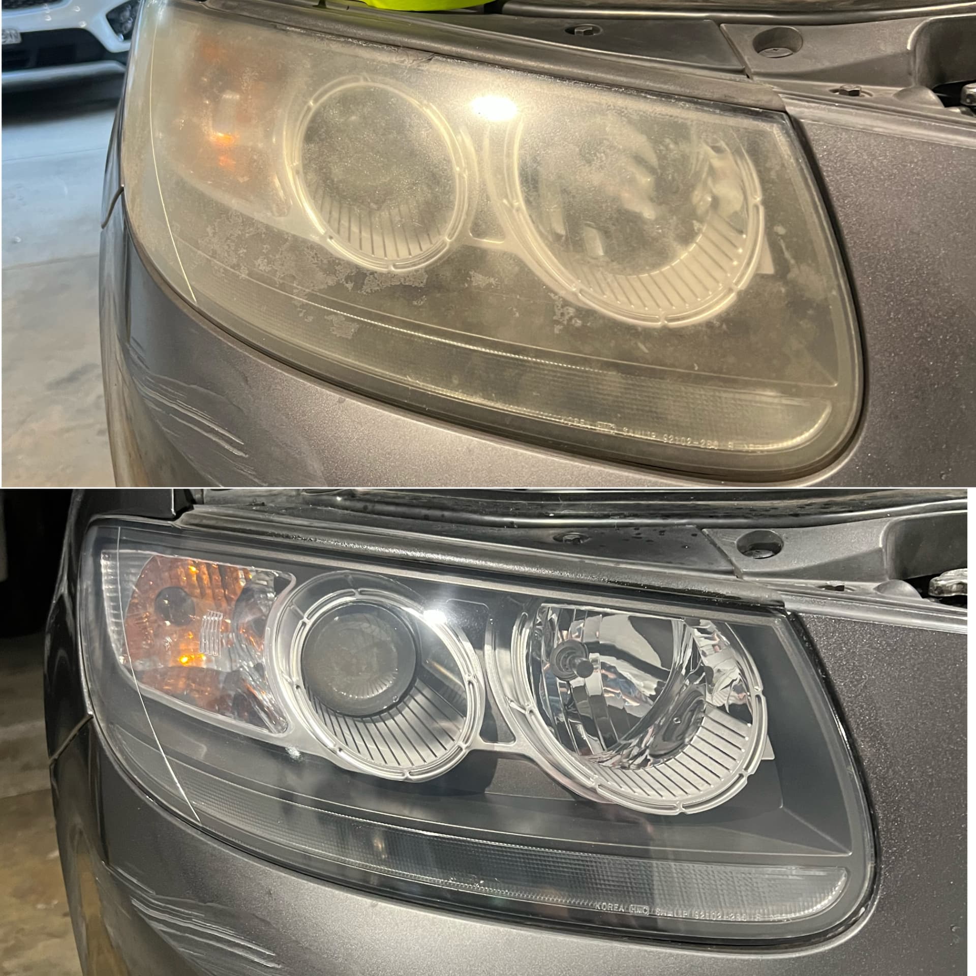 Dark sedan headlight shown yellowed and patchy above, and restored to clear below