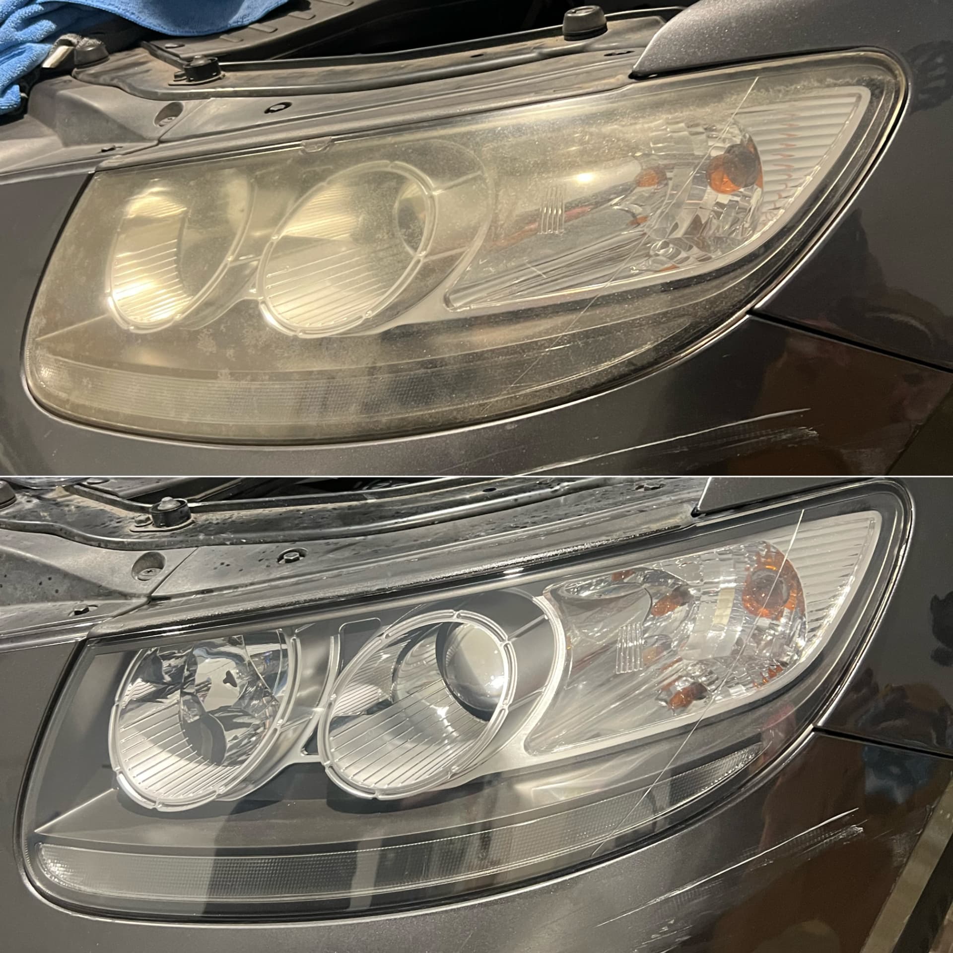 Black sedan headlight shown dull and hazed above, and sharp and clear below