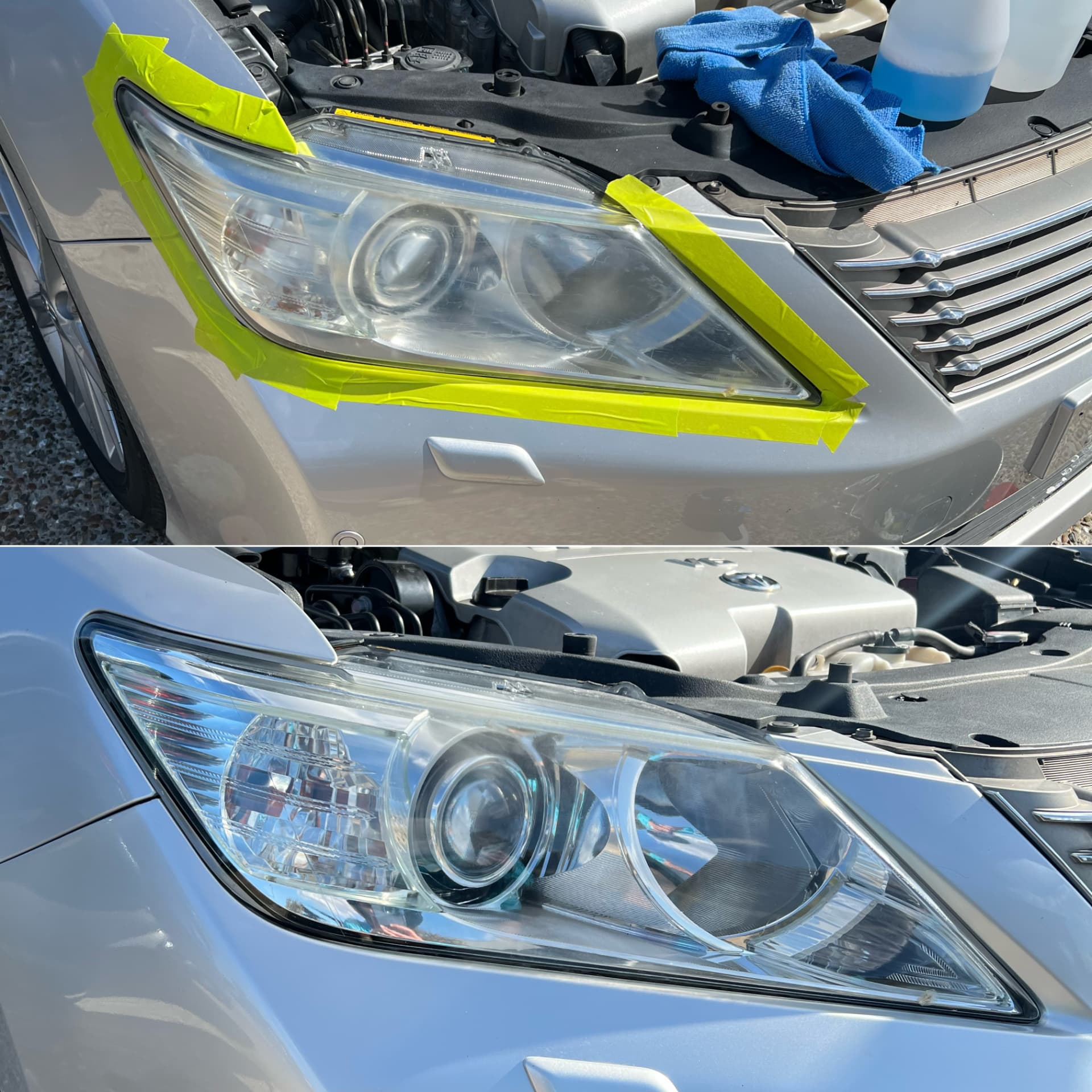 Silver sedan headlight shown after a failed restoration above, and properly restored below