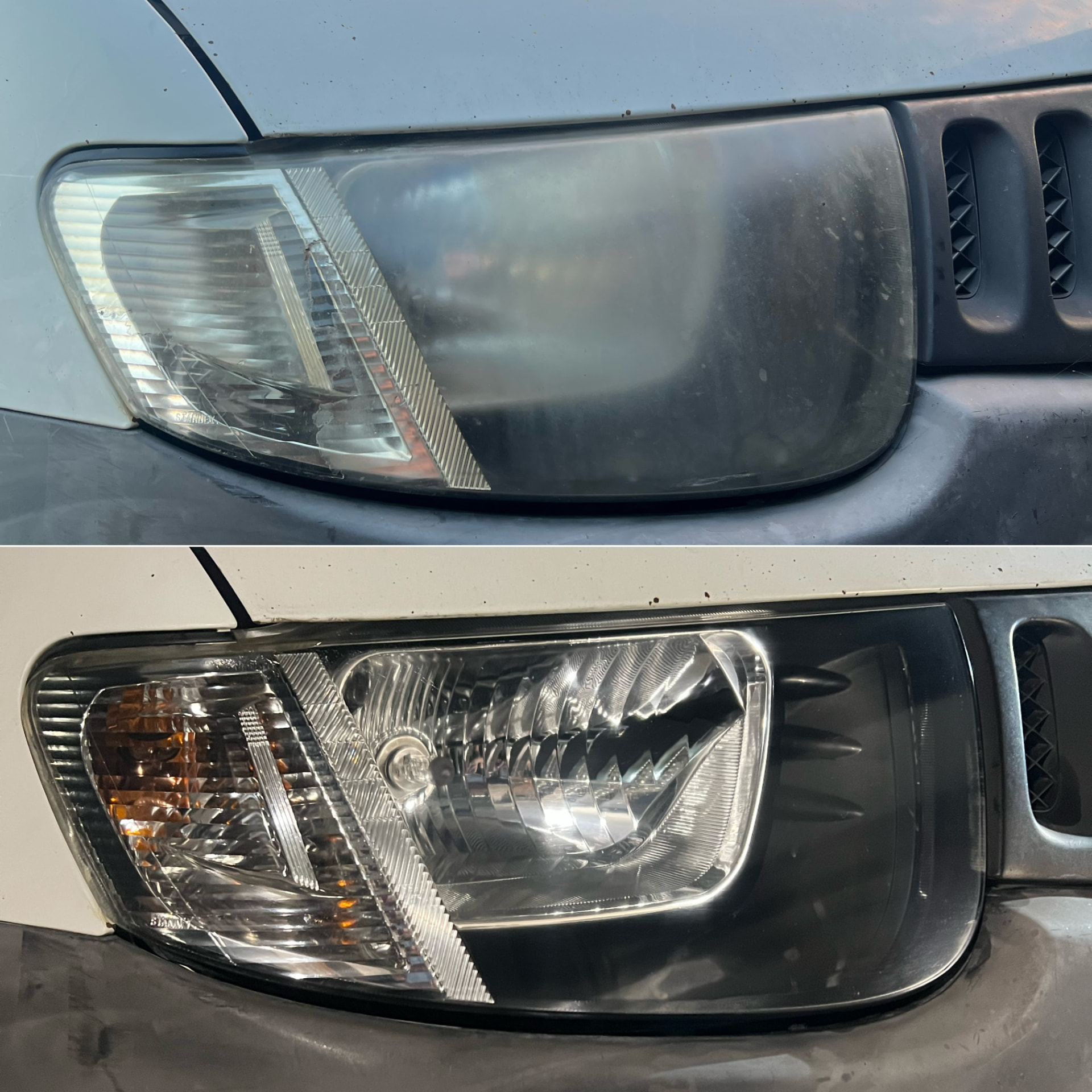 White sedan headlight shown hazed and cloudy above, and fully restored and crystal clear below