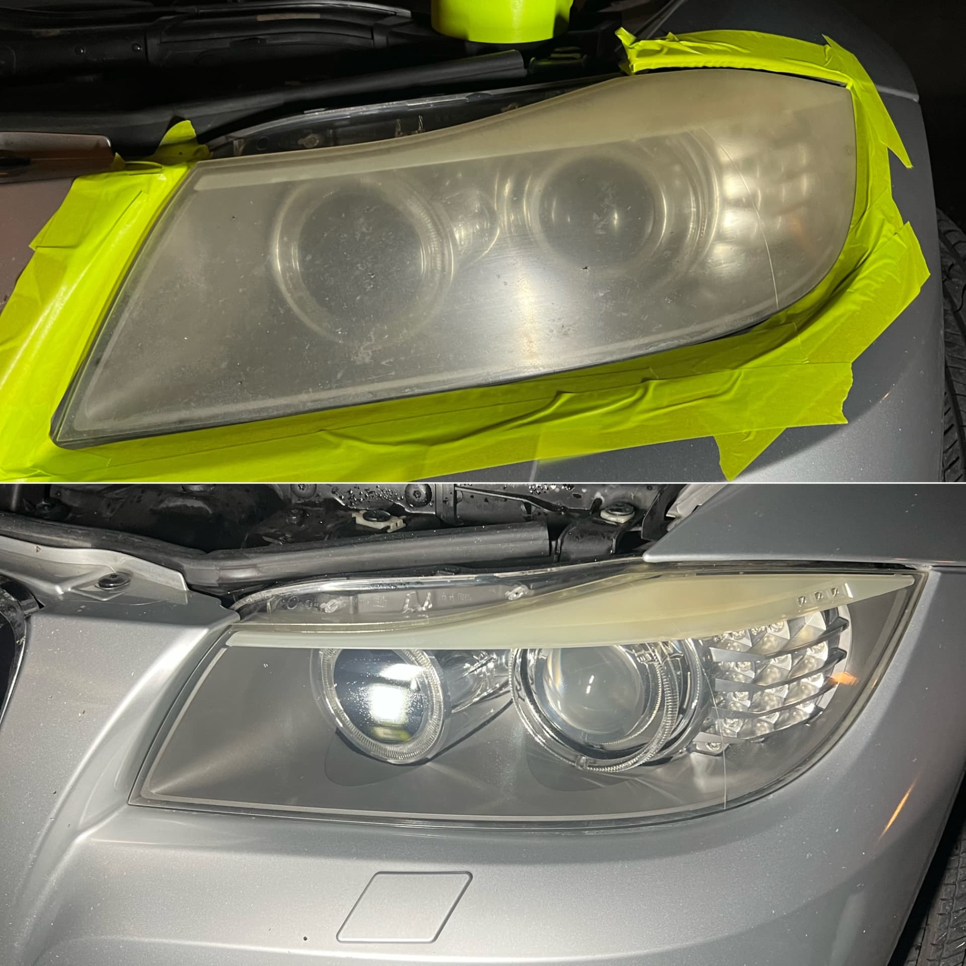 Masked-off headlight shown hazed above, and restored with clear projector lenses below