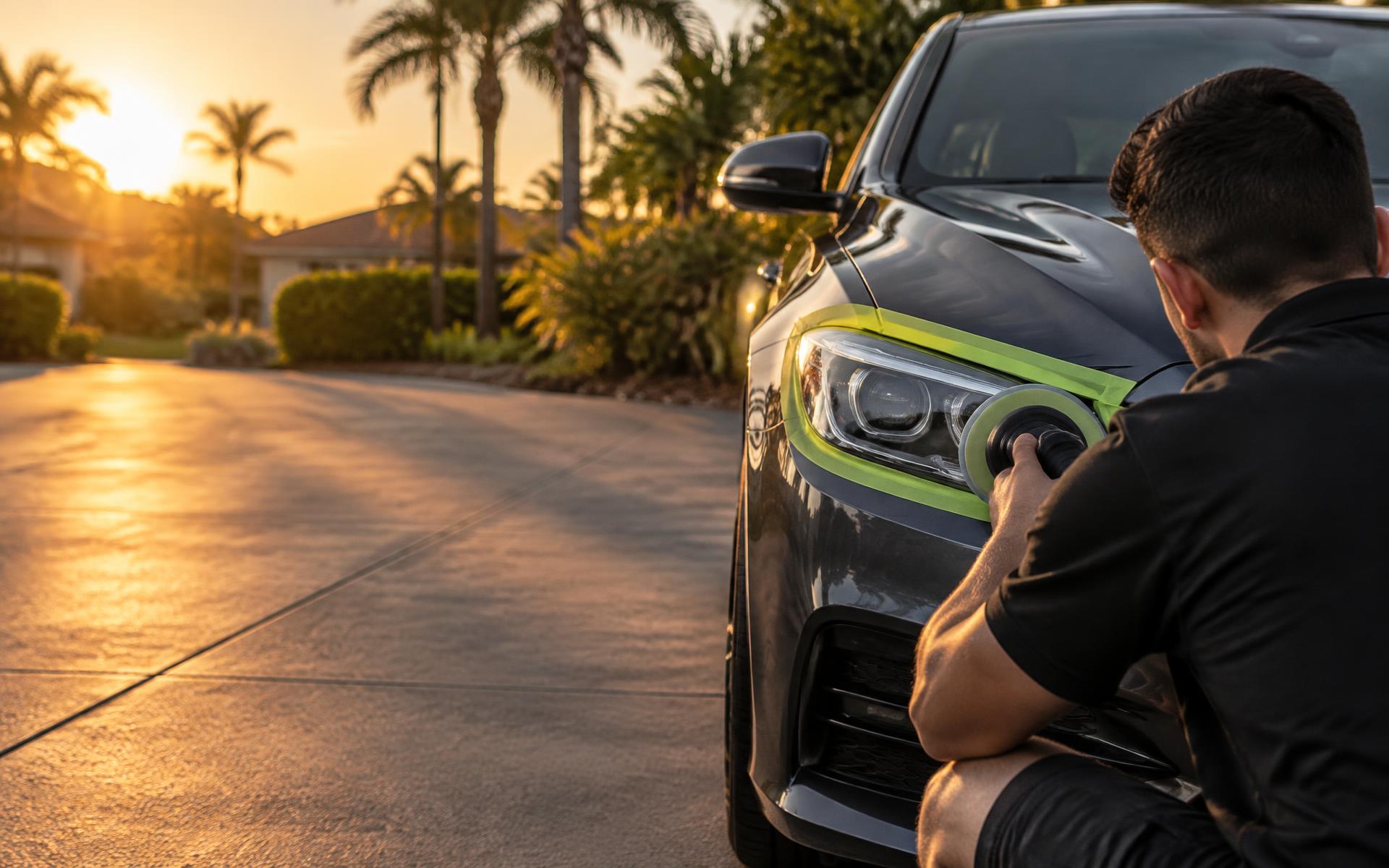 Technician machine polishing a car headlight at a driveway in the late afternoon